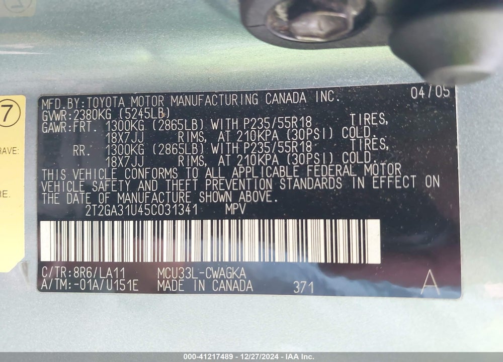 2005 LEXUS RX 330 VIN: 2T2GA31U45C031341