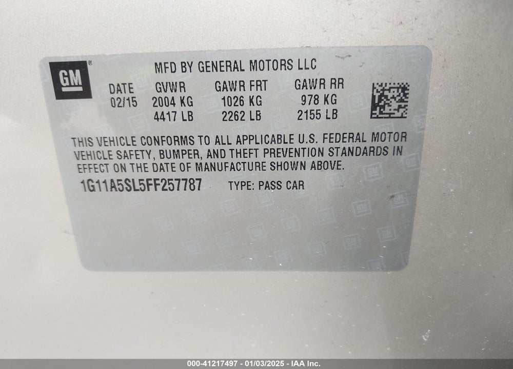 2015 CHEVROLET MALIBU 1FL VIN: 1G11A5SL5FF257787