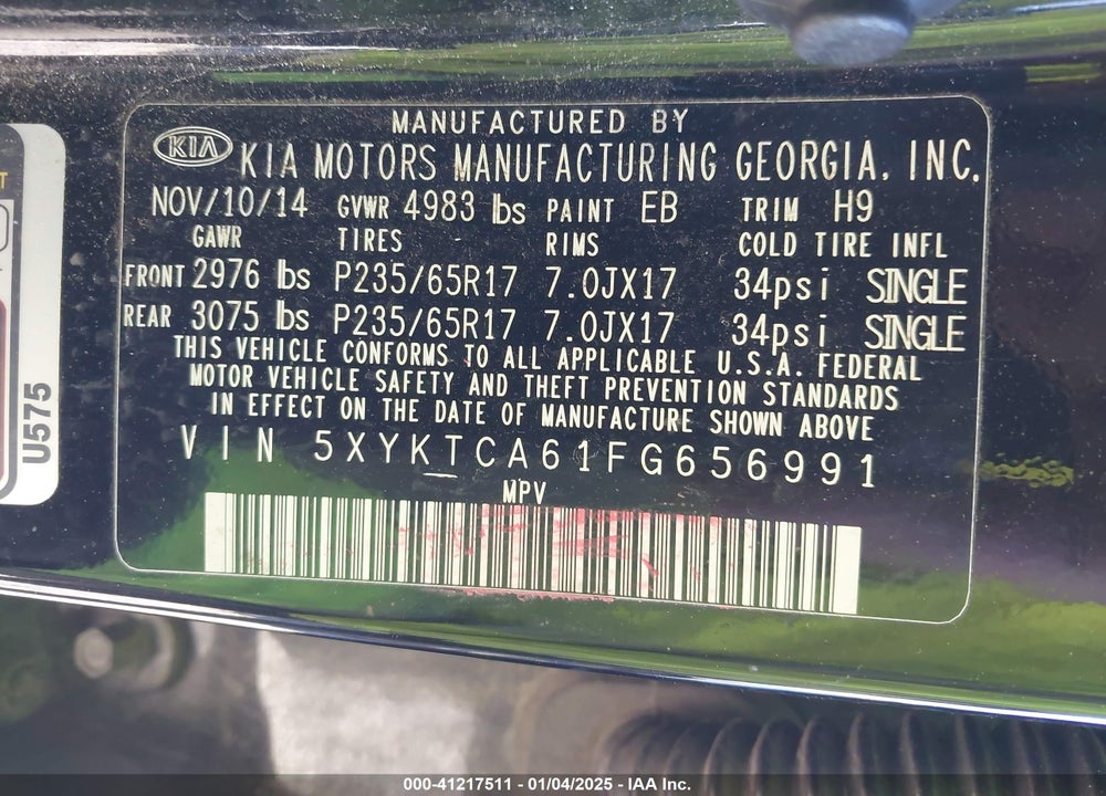 2015 KIA SORENTO LX VIN: 5XYKTCA61FG656991