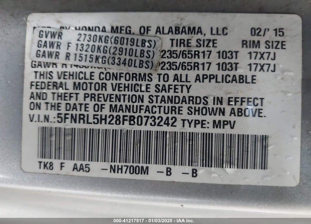 2015 HONDA ODYSSEY LX VIN: 5FNRL5H28FB073242