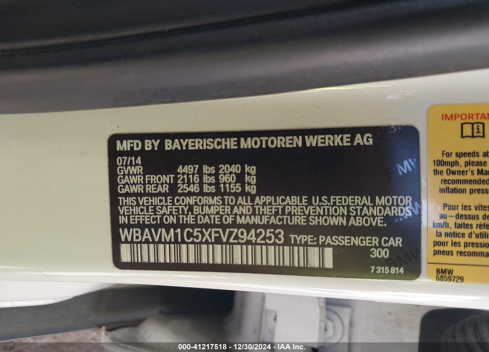 2015 BMW X1 SDRIVE28I VIN: WBAVM1C5XFVZ94253