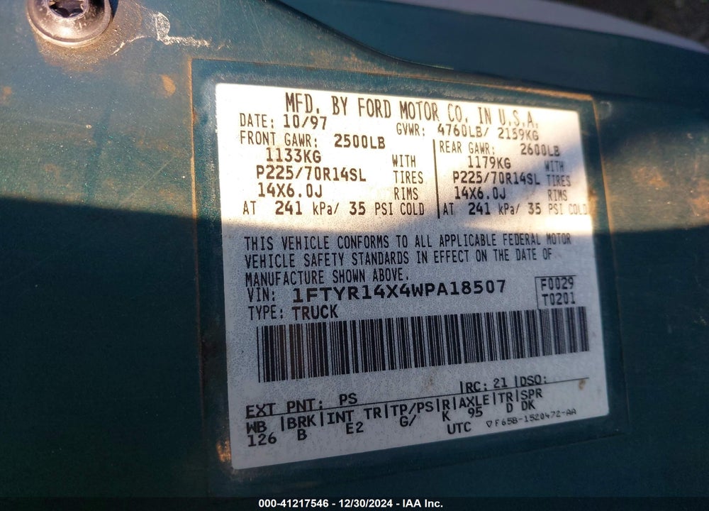 1998 FORD RANGER SPLASH/XL/XLT VIN: 1FTYR14X4WPA18507