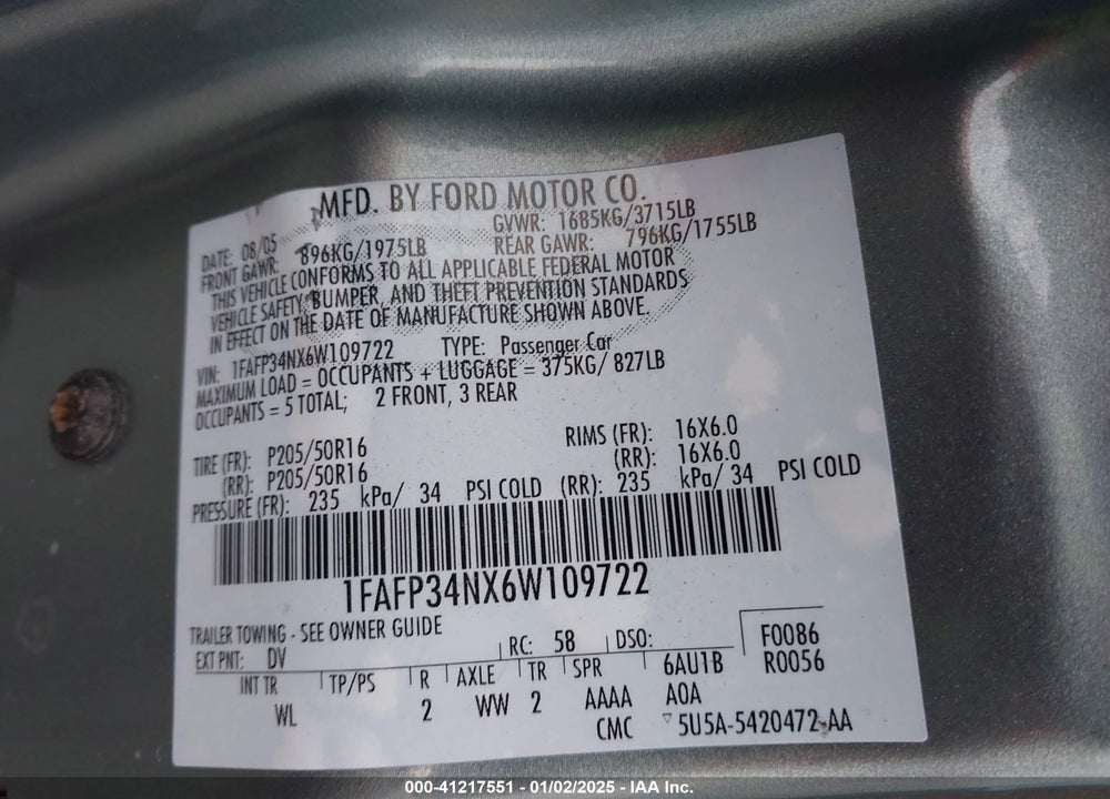 2006 FORD FOCUS VIN: 1FAFP34NX6W109722