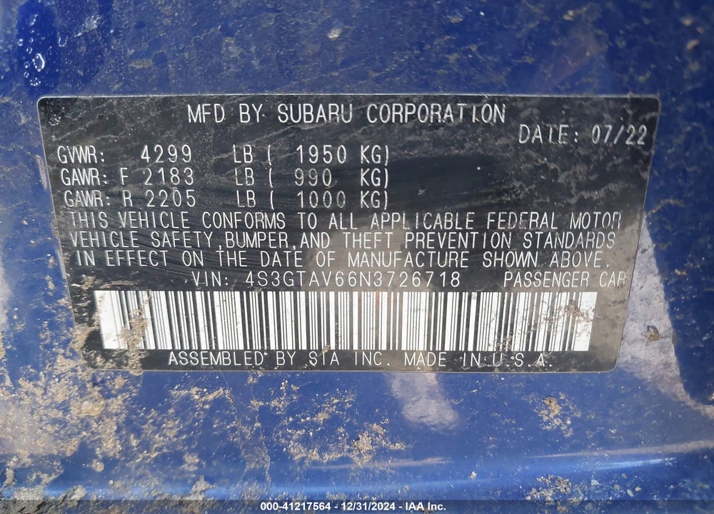 2022 SUBARU IMPREZA VIN: 4S3GTAV66N3726718