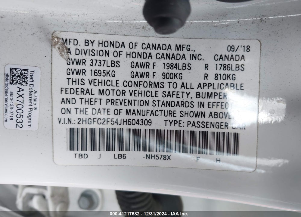 2018 HONDA CIVIC LX VIN: 2HGFC2F54JH604309
