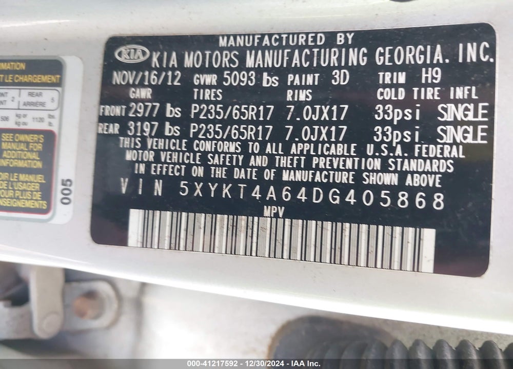2013 KIA SORENTO LX VIN: 5XYKT4A64DG405868