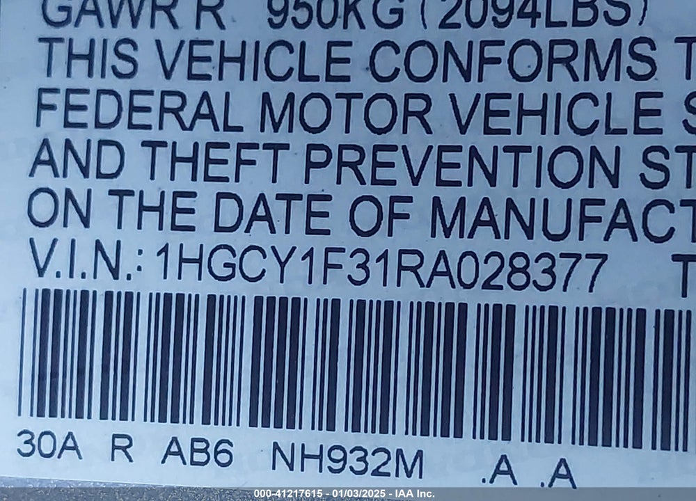 2024 HONDA ACCORD VIN: 1HGCY1F31RA028377