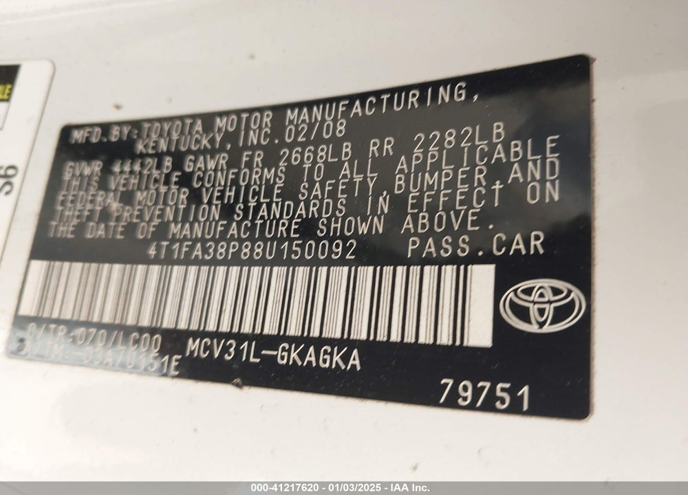 2008 TOYOTA CAMRY SOLARA SLE VIN: 4T1FA38P88U150092