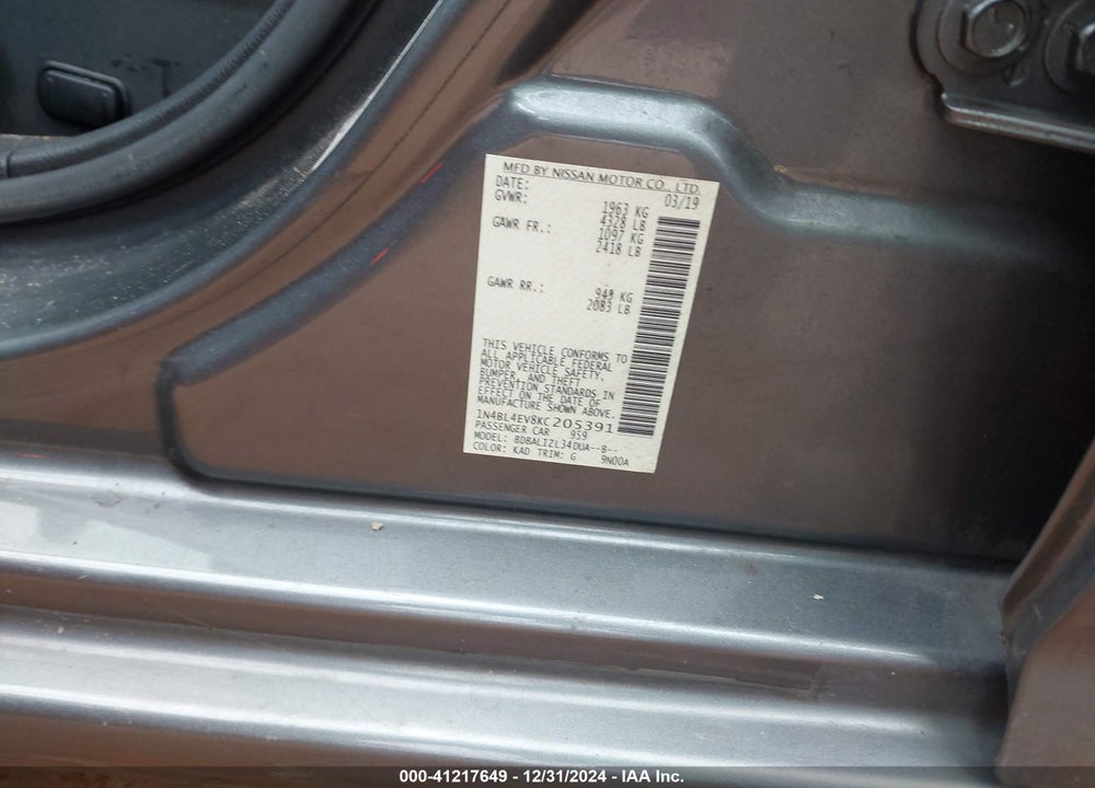2019 NISSAN ALTIMA VIN: 1N4BL4EV8KC205391