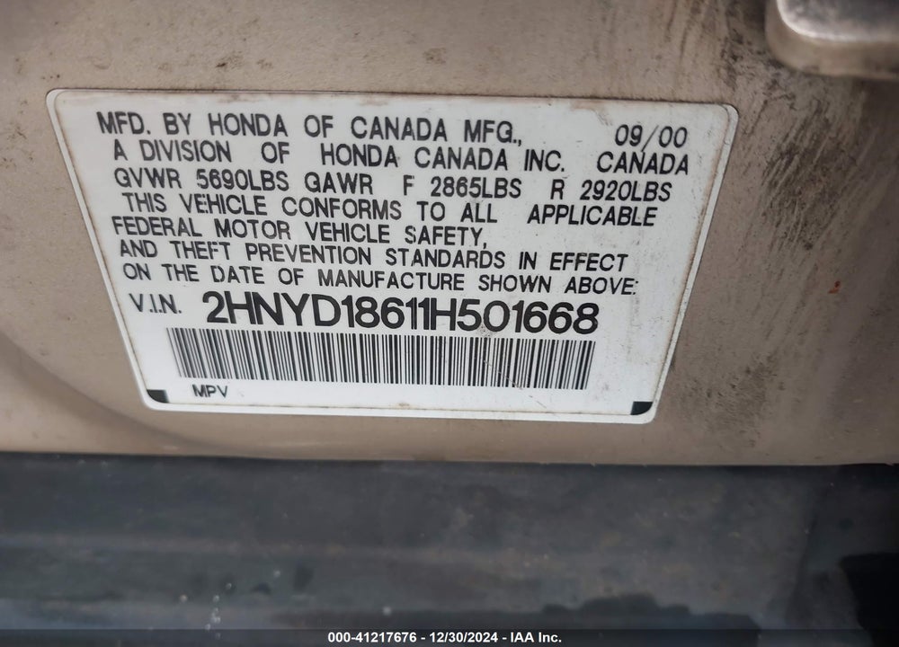 2001 ACURA MDX VIN: 2HNYD18611H501668