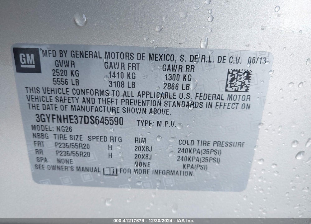2013 CADILLAC SRX PERFORMANCE COLLECTION VIN: 3GYFNHE37DS645590
