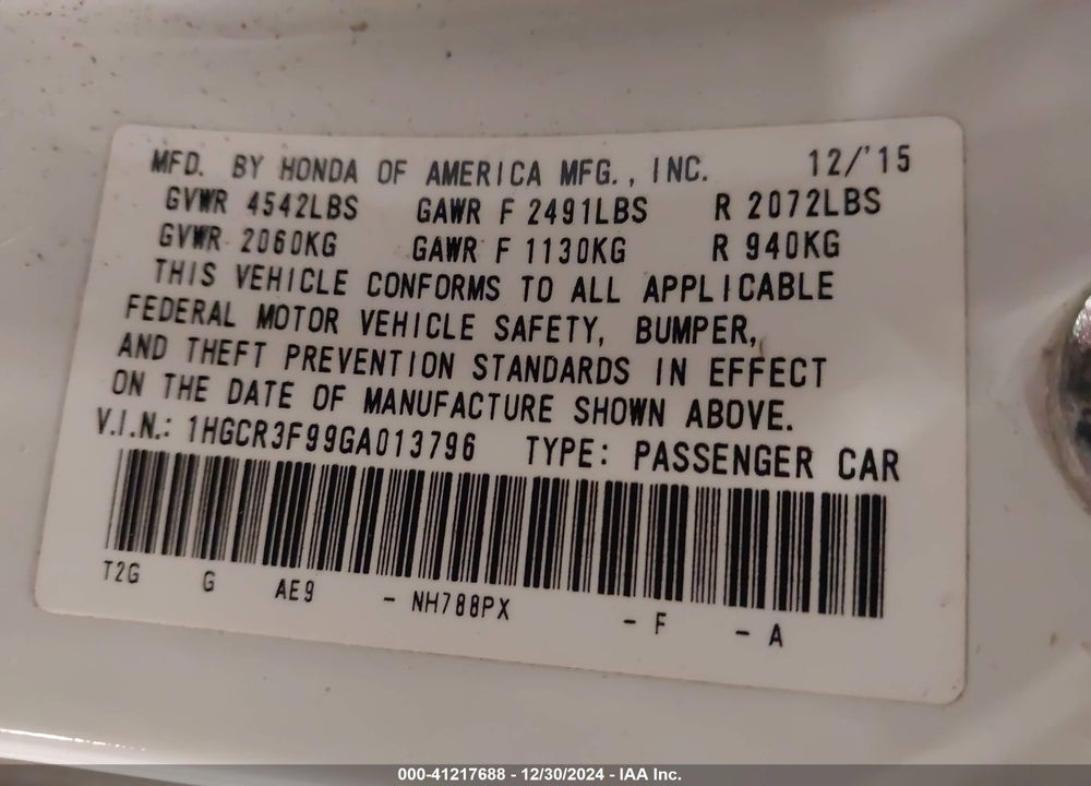 2016 HONDA ACCORD TOURING VIN: 1HGCR3F99GA013796