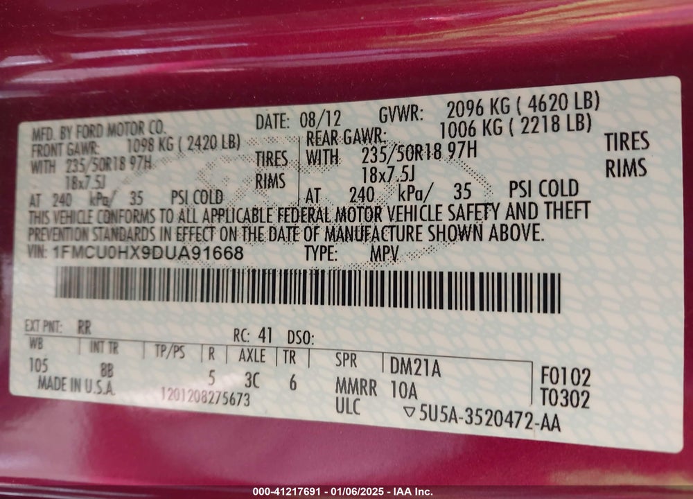 2013 FORD ESCAPE SEL VIN: 1FMCU0HX9DUA91668
