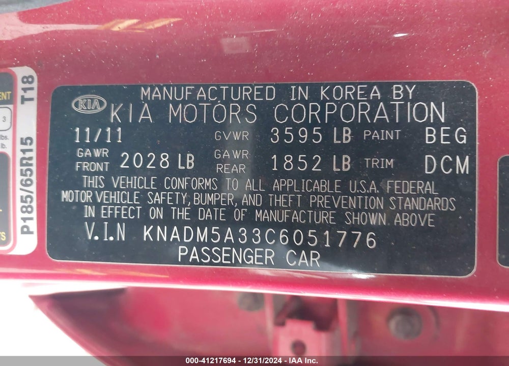 2012 KIA RIO5 VIN: KNADM5A33C6051776