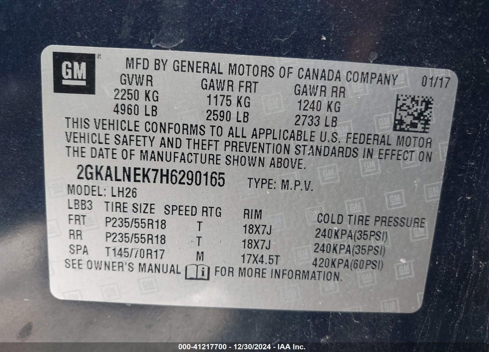 2017 GMC TERRAIN VIN: 2GKALNEK7H6290165