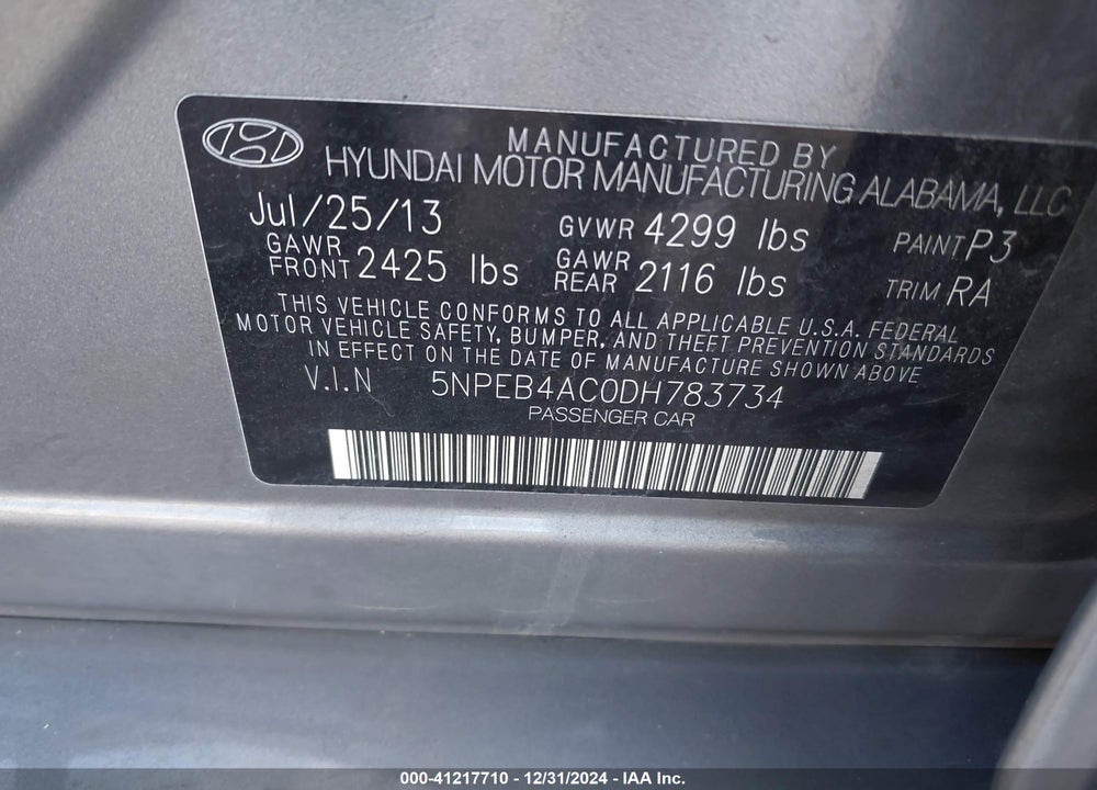 2013 HYUNDAI SONATA GLS VIN: 5NPEB4AC0DH783734