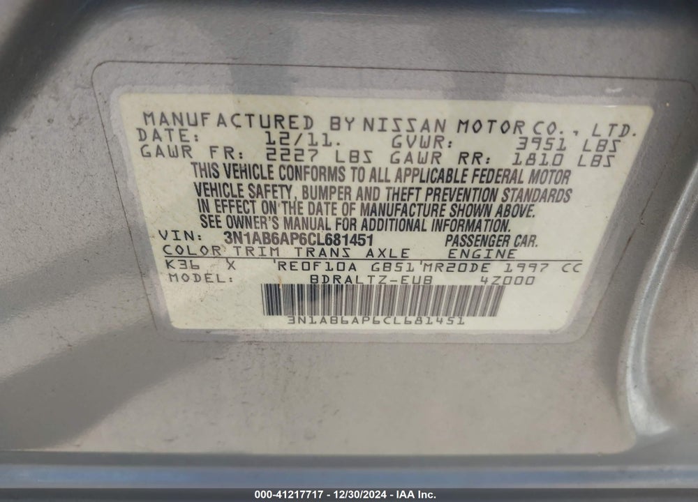 2012 NISSAN SENTRA 2.0 S VIN: 3N1AB6AP6CL681451