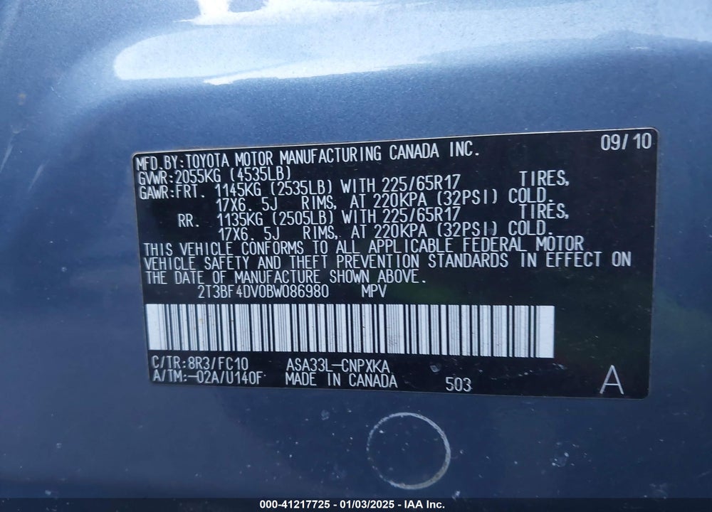 2011 TOYOTA RAV4 VIN: 2T3BF4DV0BW086980