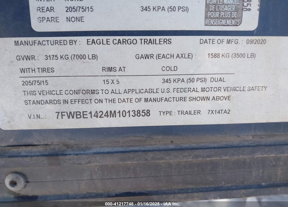 2021 EAGLE TRAILER VIN: 7FWBE1424M1013858
