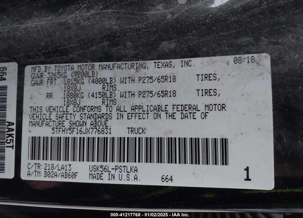 2018 TOYOTA TUNDRA LIMITED 5.7L V8 VIN: 5TFHY5F16JX776831