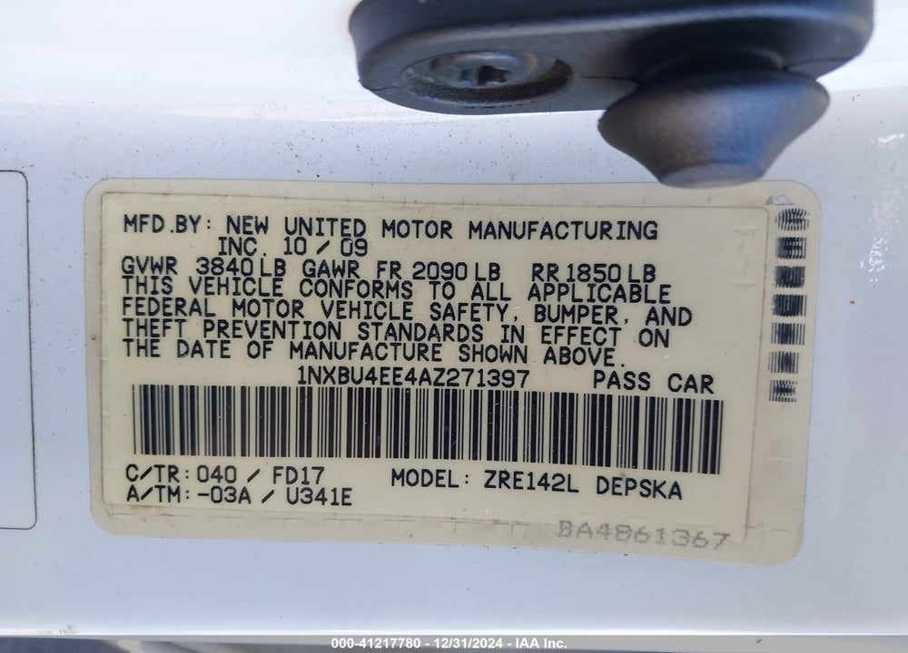 2010 TOYOTA COROLLA S VIN: 1NXBU4EE4AZ271397