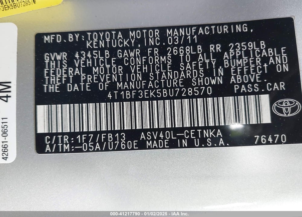 2011 TOYOTA CAMRY LE VIN: 4T1BF3EK5BU728570