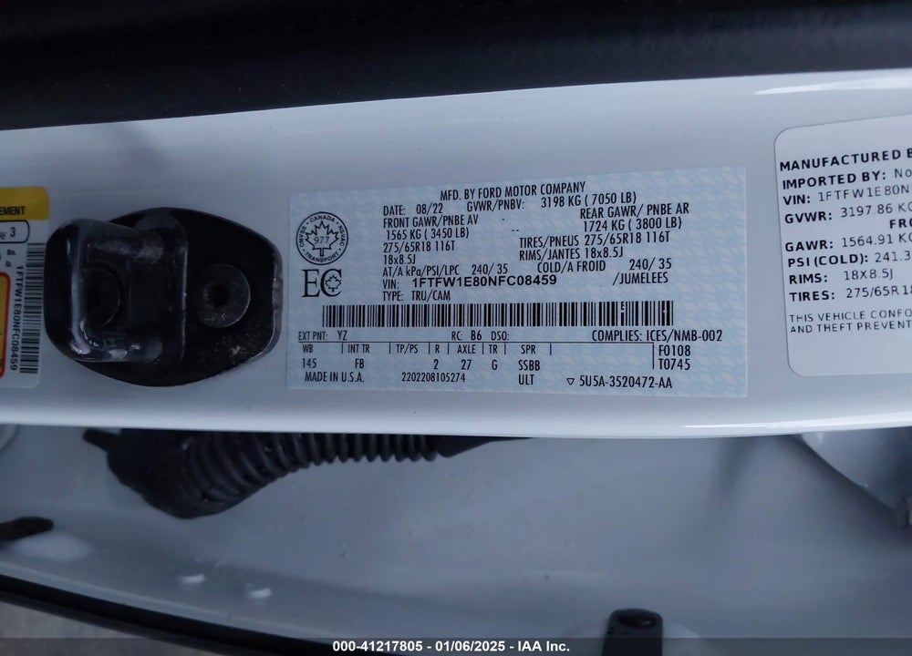 2022 FORD F-150 VIN: 1FTFW1E80NFC08459