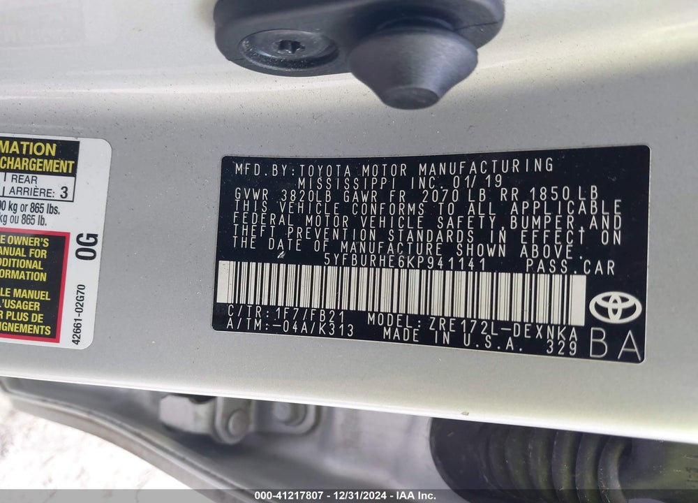 2019 TOYOTA COROLLA VIN: 5YFBURHE6KP941141