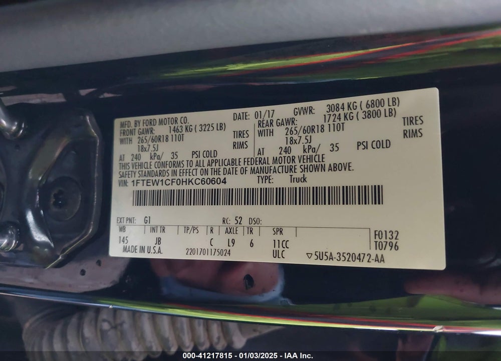 2017 FORD F-150 VIN: 1FTEW1CF0HKC60604