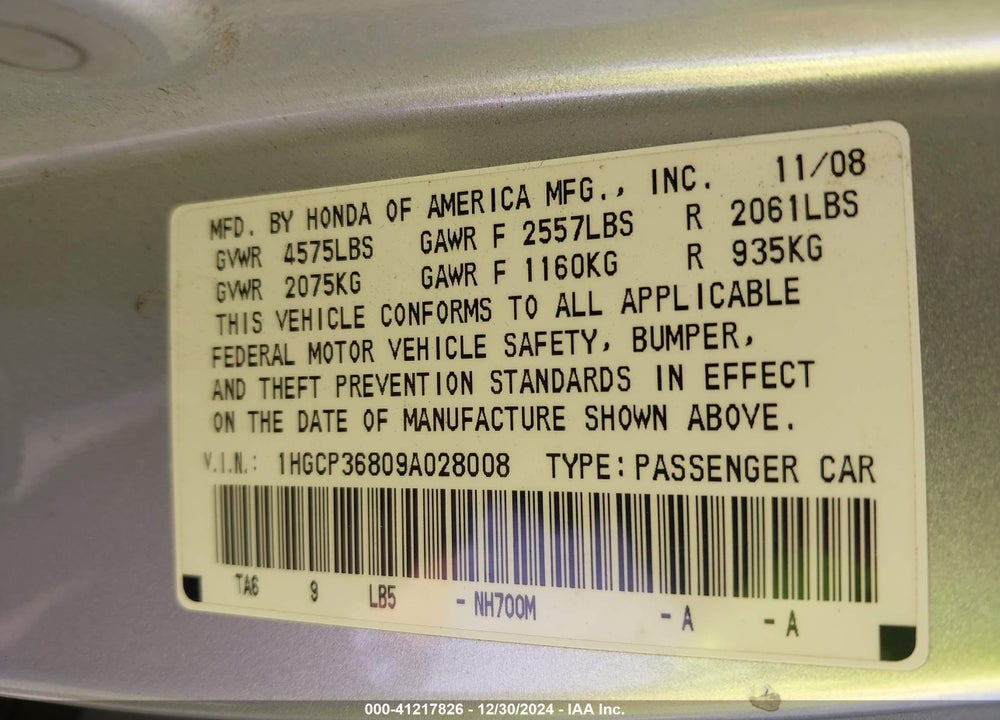 2009 HONDA ACCORD VIN: 1HGCP36809A028008