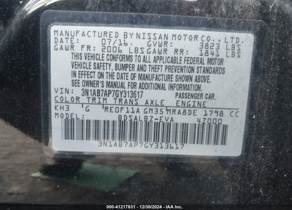 2016 NISSAN SENTRA S VIN: 3N1AB7AP7GY313617