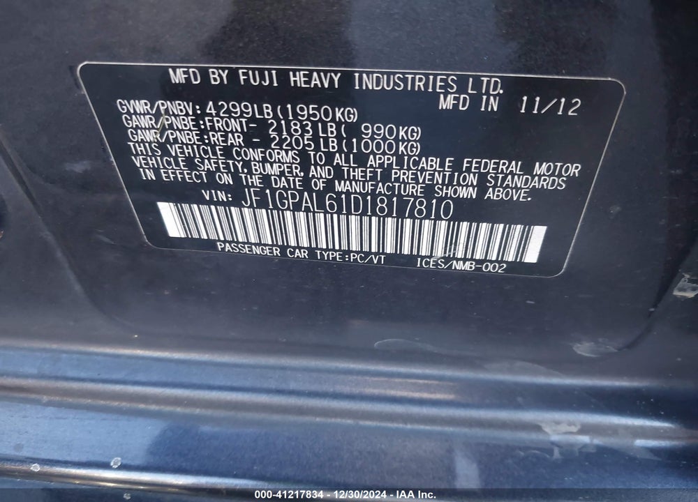2013 SUBARU IMPREZA 2.0I SPORT PREMIUM VIN: JF1GPAL61D1817810
