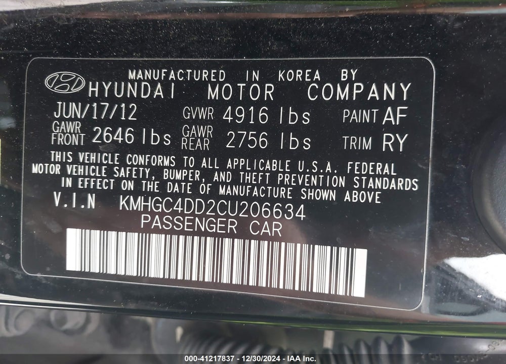 2012 HYUNDAI GENESIS 3.8 VIN: KMHGC4DD2CU206634