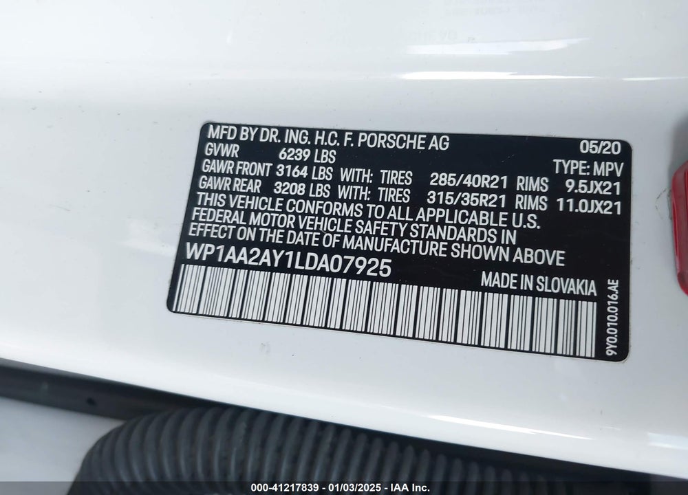 2020 PORSCHE CAYENNE VIN: WP1AA2AY1LDA07925