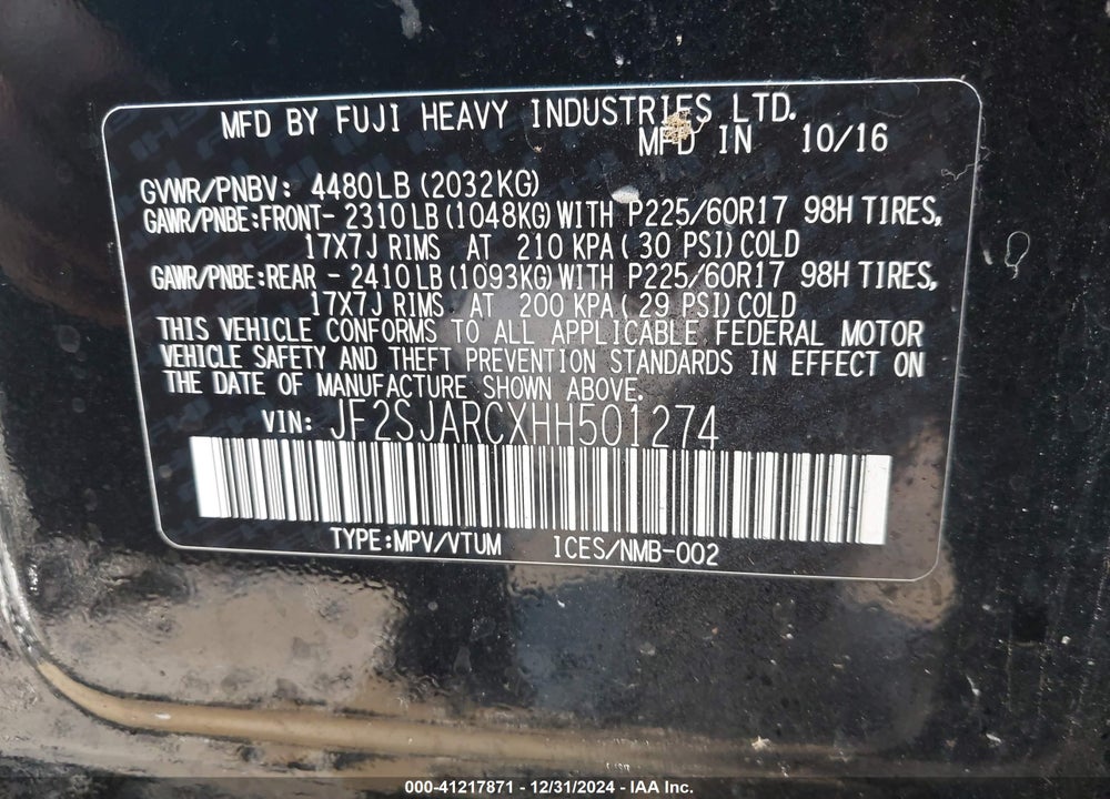 2017 SUBARU FORESTER 2.5I LIMITED VIN: JF2SJARCXHH501274