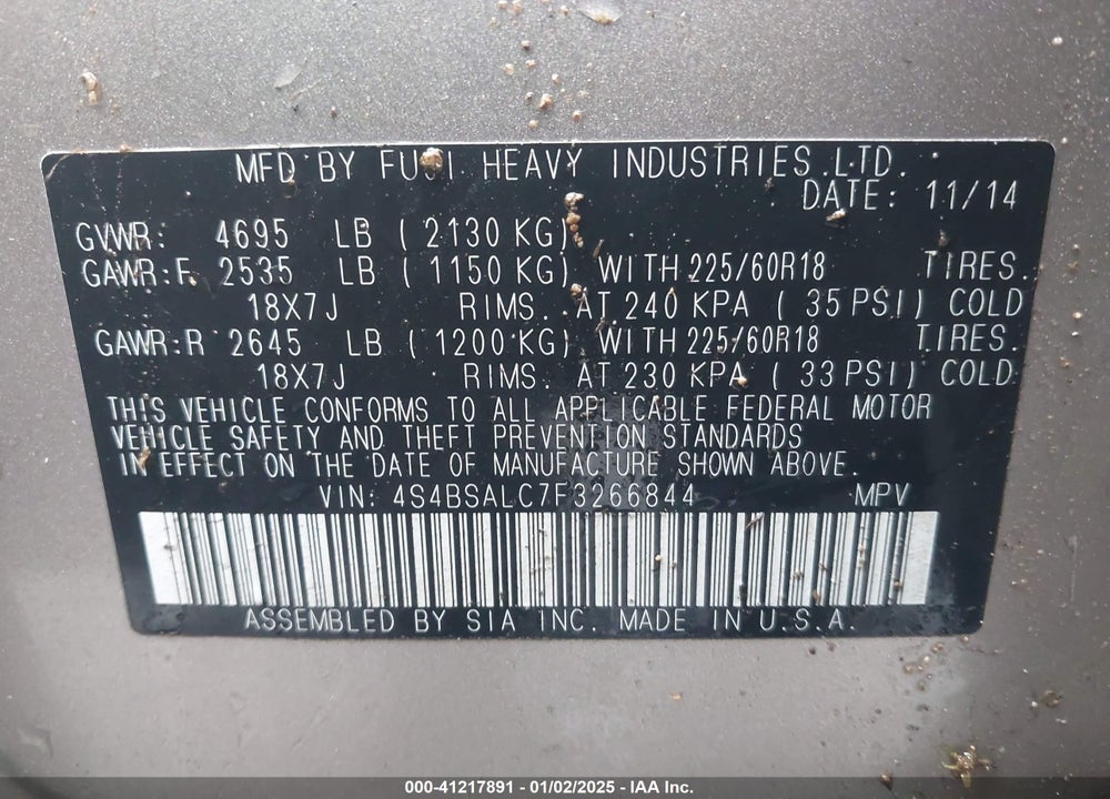 2015 SUBARU OUTBACK 2.5I LIMITED VIN: 4S4BSALC7F3266844