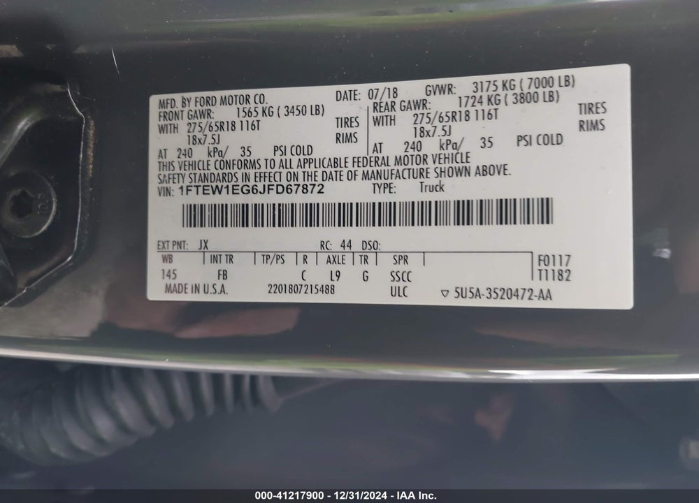 2018 FORD F-150 XLT VIN: 1FTEW1EG6JFD67872