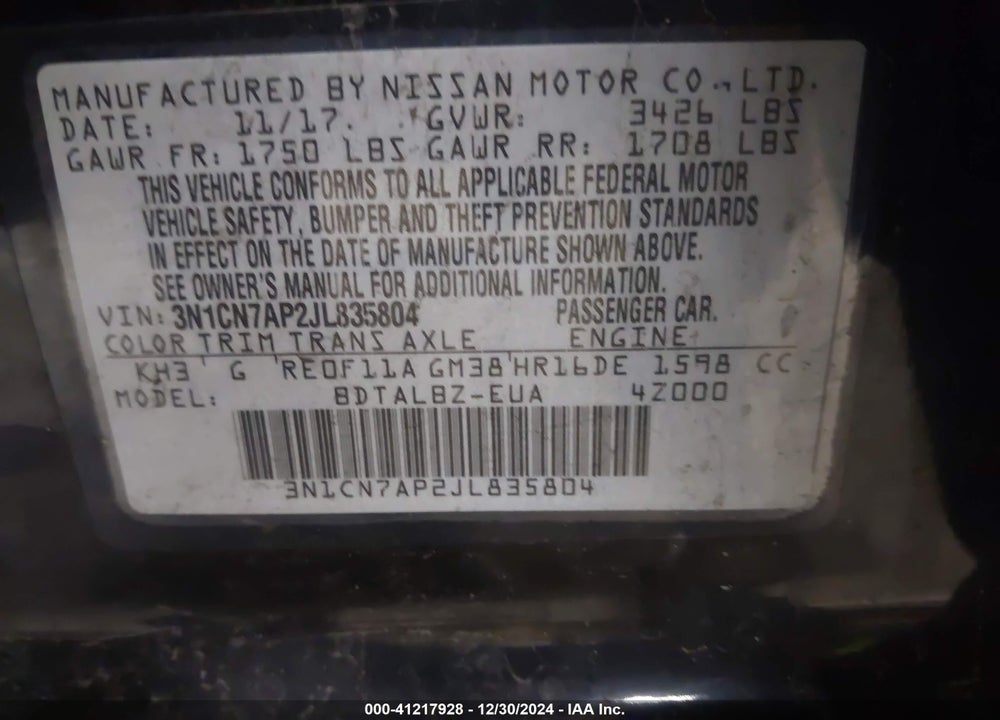 2018 NISSAN VERSA VIN: 3N1CN7AP2JL835804