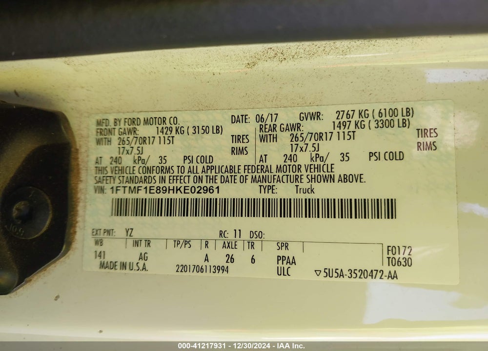 2017 FORD F-150 VIN: 1FTMF1E89HKE02961