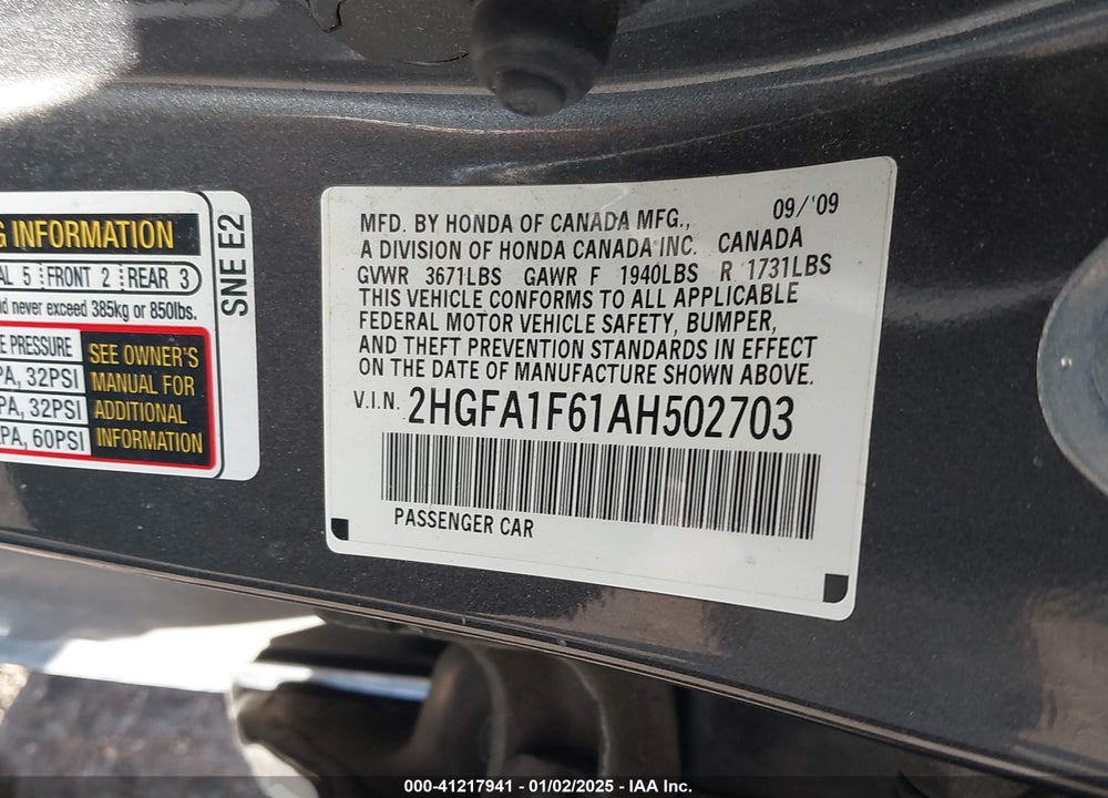 2010 HONDA CIVIC LX-S VIN: 2HGFA1F61AH502703
