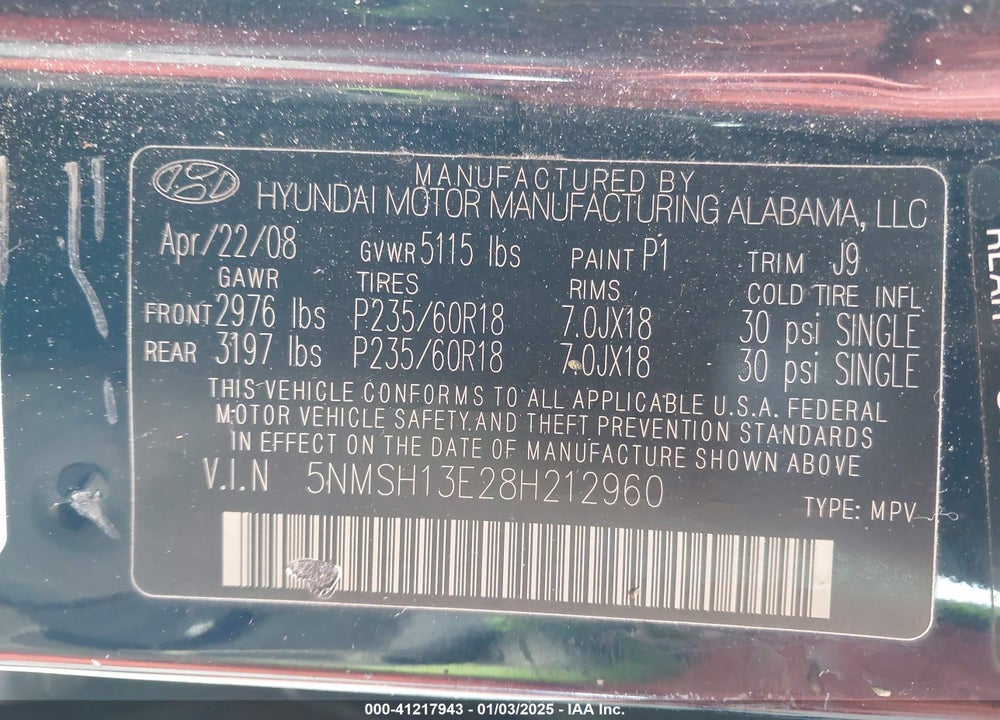 2008 HYUNDAI SANTA FE LIMITED/SE VIN: 5NMSH13E28H212960