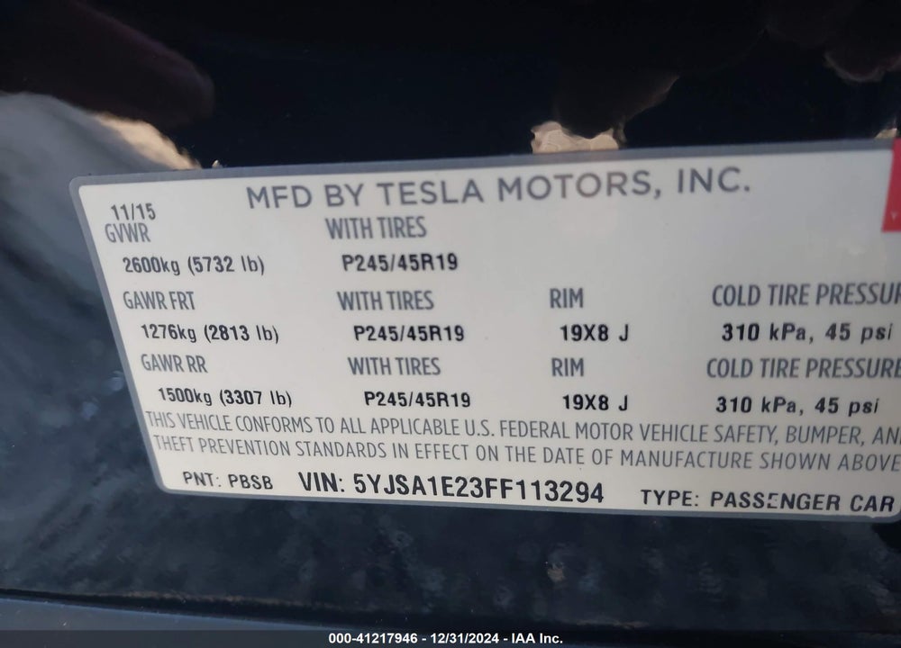 2015 TESLA MODEL S VIN: 5YJSA1E23FF113294
