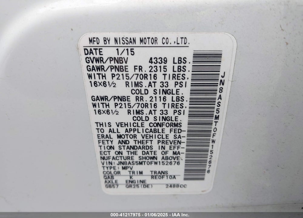 2015 NISSAN ROGUE SELECT S VIN: JN8AS5MT0FW152676