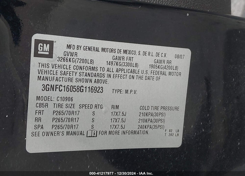 2008 CHEVROLET SUBURBAN 1500 LT VIN: 3GNFC16058G116923