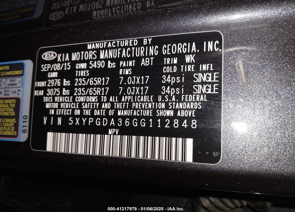 2016 KIA SORENTO 2.4L LX VIN: 5XYPGDA36GG112848