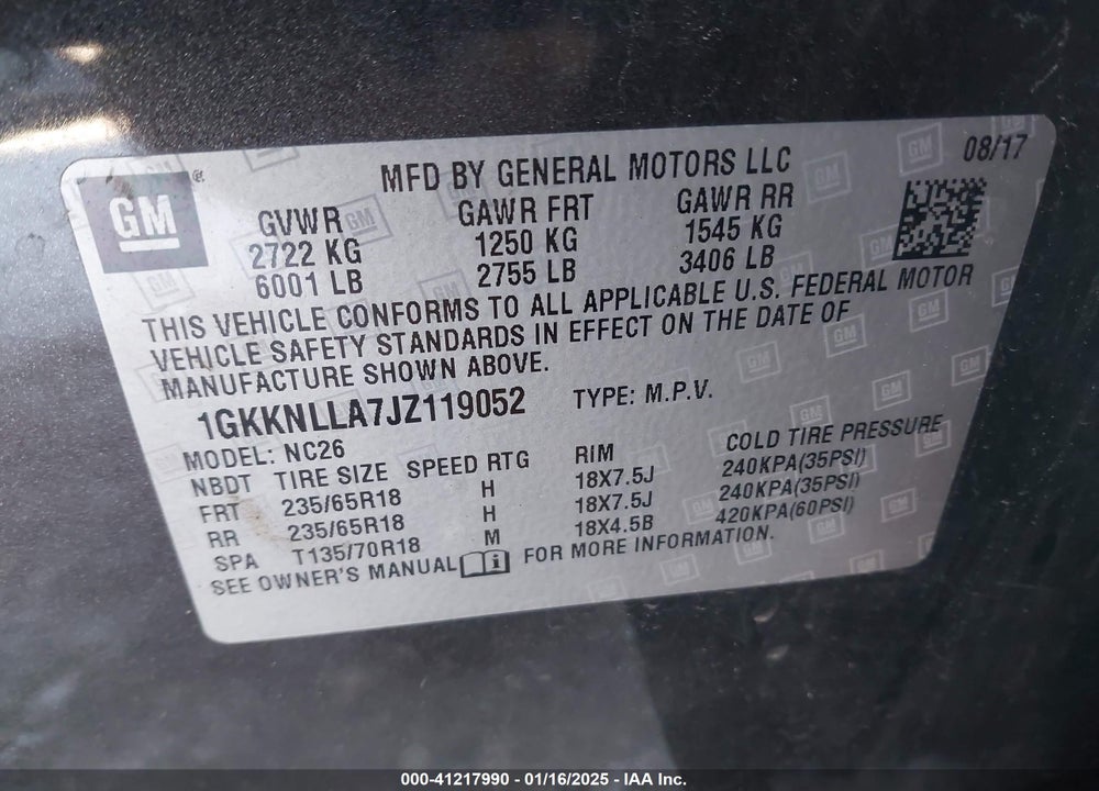 2018 GMC ACADIA VIN: 1GKKNLLA7JZ119052