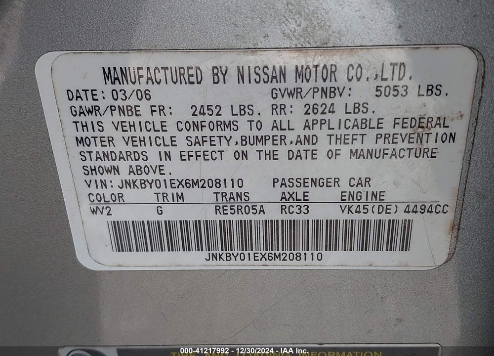 2006 INFINITI M45 VIN: JNKBY01EX6M208110