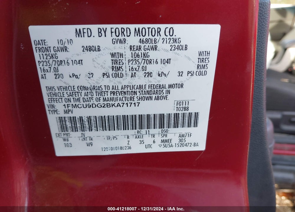 2011 FORD ESCAPE XLT VIN: 1FMCU9DG2BKA71717