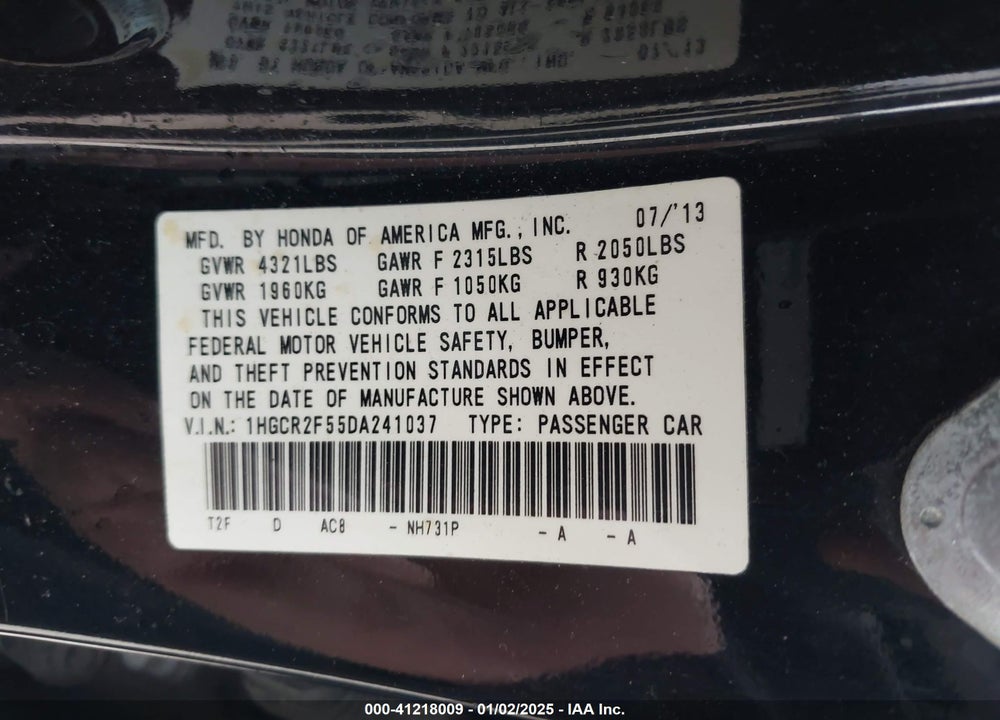 2013 HONDA ACCORD VIN: 1HGCR2F55DA241037
