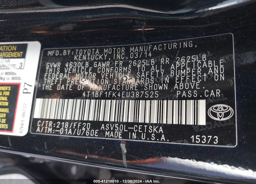 2014 TOYOTA CAMRY SE VIN: 4T1BF1FK4EU387525